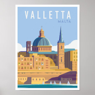 Valletta Malta Kunst Vintage Reise Illustration Poster