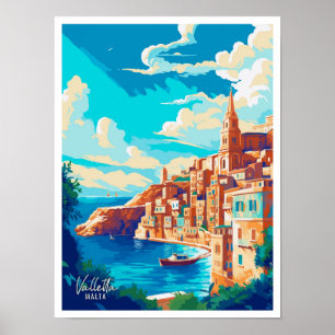 Valletta Malta Kunst Vintage Reiseillustration Poster