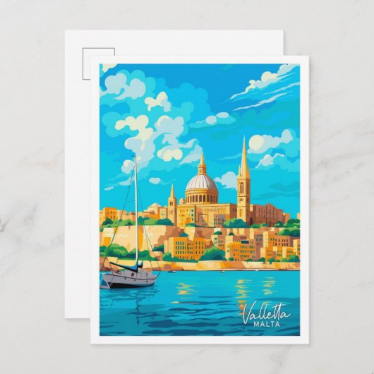 Valletta Malta Reisen Vintage Abbildung Postkarte (Vorne/Hinten)