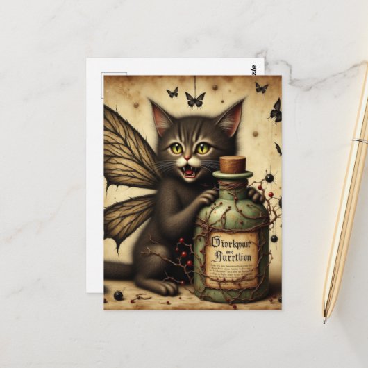 Vampir-Feenkätzchen und eine Giftflasche Postkarte (Vorderseite/Rückseite Beispiel)