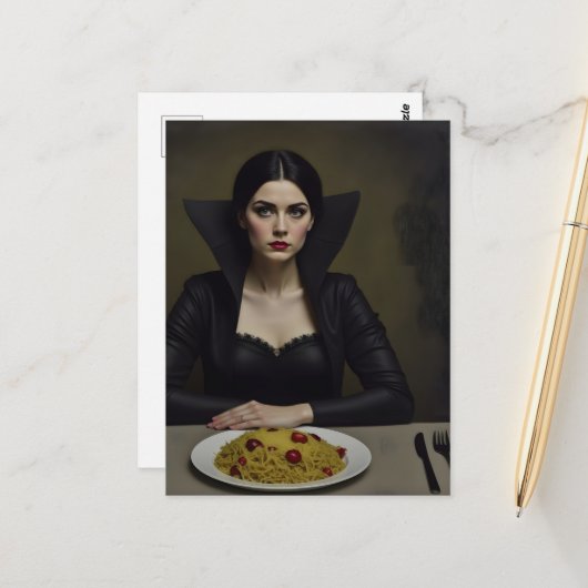 Vampir-Gräfin mit Spaghetti Postkarte (Vorderseite/Rückseite Beispiel)