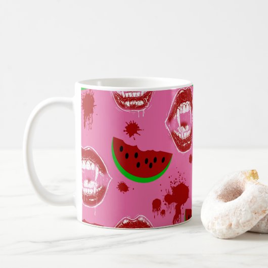 Vampir isst Wassermelone Summerween-Party Rosa Kaffeetasse (Mit Donut)