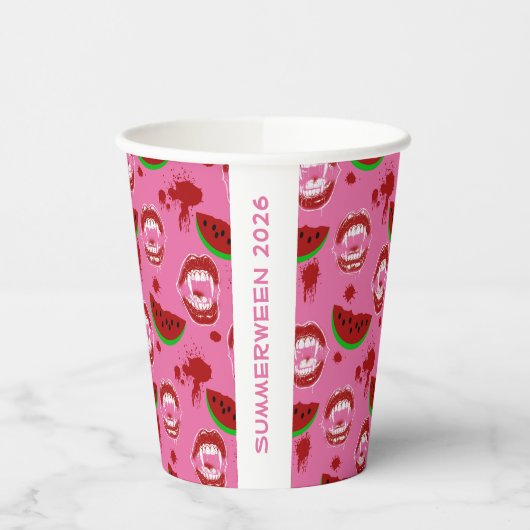 Vampir isst Wassermelone Summerween-Party Rosa Pappbecher (Links)