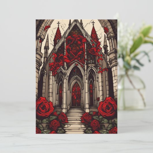 Vampir Kathedrale und Rose Gotische Hochzeit Einladung (Stehend Vorderseite)