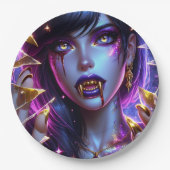 Vampir mit goldenen Augen und zähnlichem Halloween Pappteller (Vorderseite)
