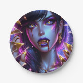 Vampir mit goldenen Augen und zähnlichem Halloween Pappteller (Vorderseite)