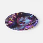 Vampir mit goldenen Augen und zähnlichem Halloween Pappteller (Schrägansicht)