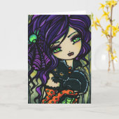 Vampire Black Cat Halloween Fantasy Fairy Art Karte (Gelbe Blume)