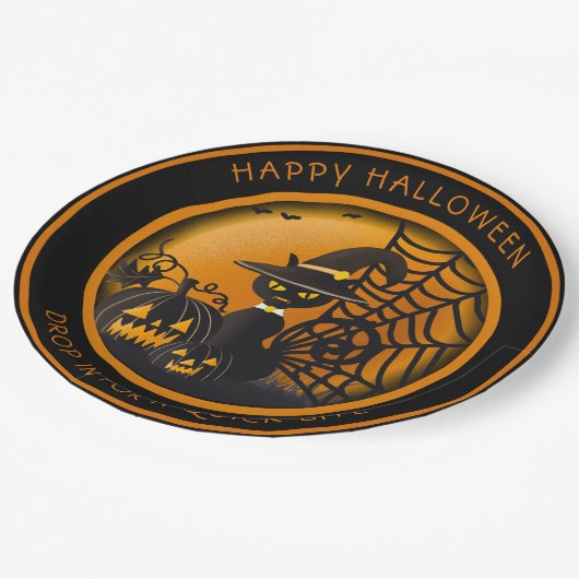 Vampire Black Cat Halloween Pumpkins Spiderweb Pappteller (Schrägansicht)