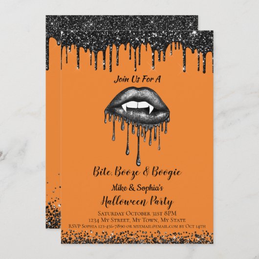 Vampire Black Glitzer Lippen Erwachsene Halloween- Einladung (Vorne/Hinten)