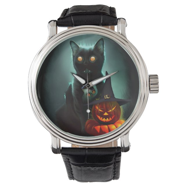 Vampire Cat and Wizard Pumpkin Halloween Surreal Armbanduhr (Vorderseite)