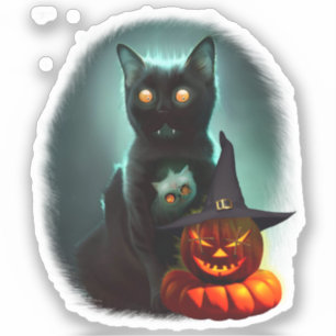 Vampire Cat and Wizard Pumpkin Halloween Surreal Aufkleber