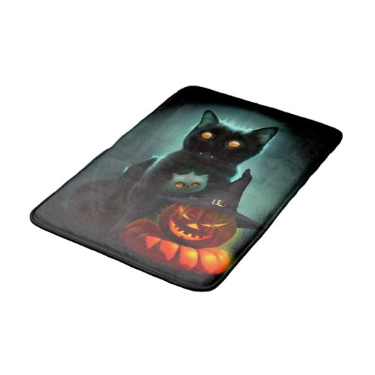 Vampire Cat and Wizard Pumpkin Halloween Surreal Badematte (Schrägansicht)