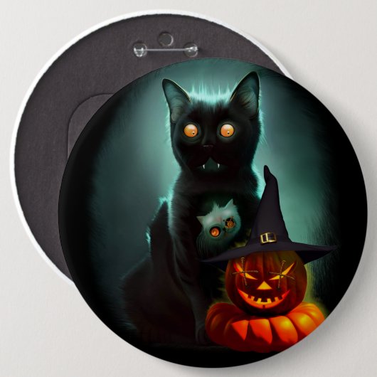 Vampire Cat and Wizard Pumpkin Halloween Surreal Button (Vorne & Hinten)