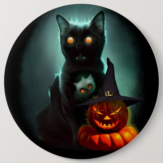 Vampire Cat and Wizard Pumpkin Halloween Surreal Button (Vorderseite)