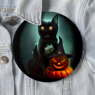 Vampire Cat and Wizard Pumpkin Halloween Surreal Button