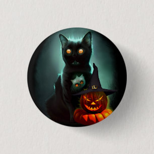 Vampire Cat and Wizard Pumpkin Halloween Surreal Button