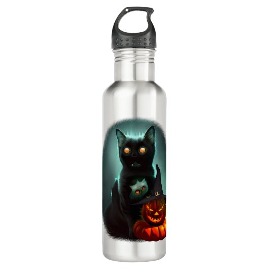 Vampire Cat and Wizard Pumpkin Halloween Surreal Edelstahlflasche (Vorderseite)