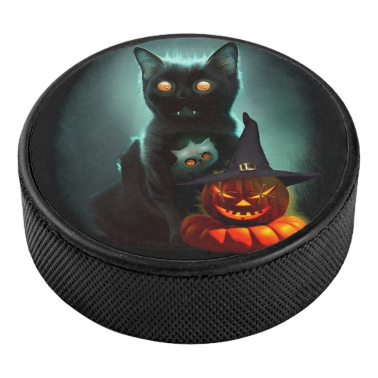 Vampire Cat and Wizard Pumpkin Halloween Surreal Eishockey Puck (3/4)