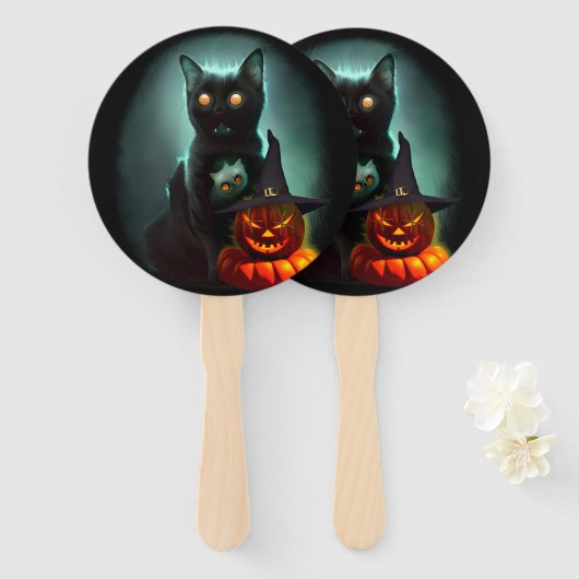 Vampire Cat and Wizard Pumpkin Halloween Surreal Fächer (Vorne und Hinten)