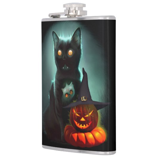 Vampire Cat and Wizard Pumpkin Halloween Surreal Flachmann (Links)