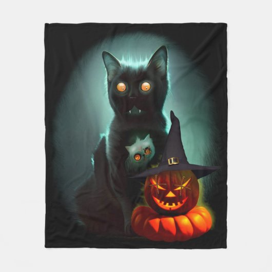 Vampire Cat and Wizard Pumpkin Halloween Surreal Fleecedecke (Vorderseite)
