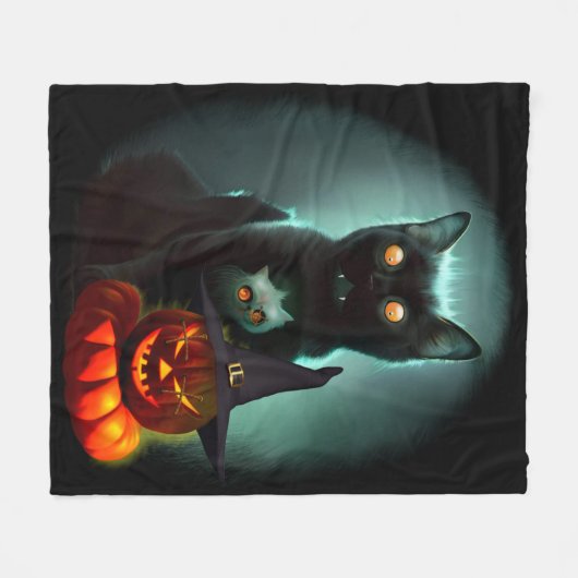 Vampire Cat and Wizard Pumpkin Halloween Surreal Fleecedecke (Vorderseite (Horizontal))