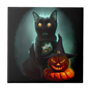 Vampire Cat and Wizard Pumpkin Halloween Surreal Fliese