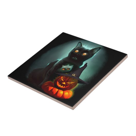 Vampire Cat and Wizard Pumpkin Halloween Surreal Fliese (Seite)
