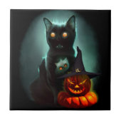 Vampire Cat and Wizard Pumpkin Halloween Surreal Fliese (Vorderseite)