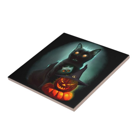 Vampire Cat and Wizard Pumpkin Halloween Surreal Fliese (Seite)
