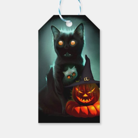 Vampire Cat and Wizard Pumpkin Halloween Surreal Geschenkanhänger (Vorderseite)