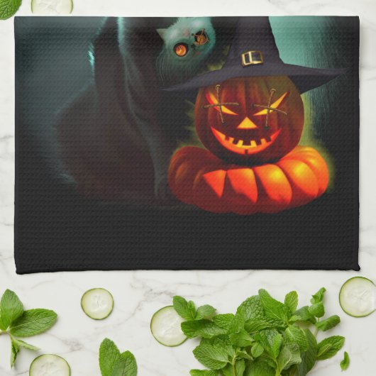 Vampire Cat and Wizard Pumpkin Halloween Surreal Geschirrtuch (Gefaltet)