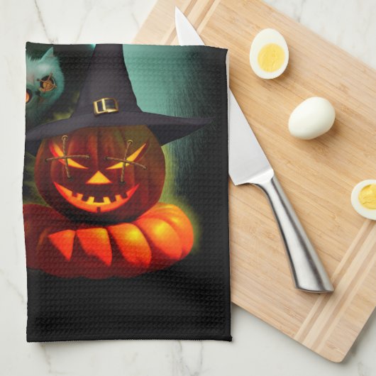 Vampire Cat and Wizard Pumpkin Halloween Surreal Geschirrtuch (Viertel Falte)