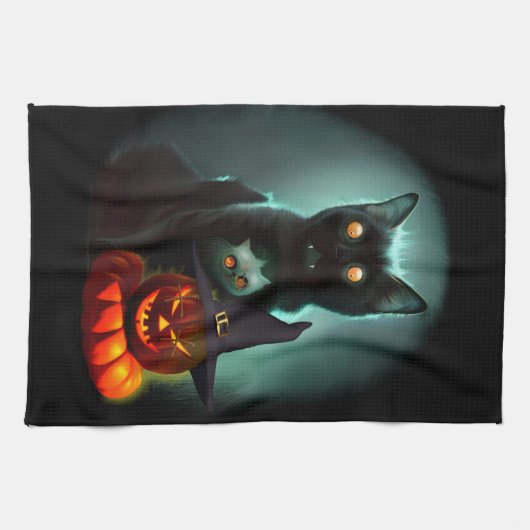Vampire Cat and Wizard Pumpkin Halloween Surreal Geschirrtuch (Horizontal)