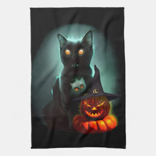 Vampire Cat and Wizard Pumpkin Halloween Surreal Geschirrtuch