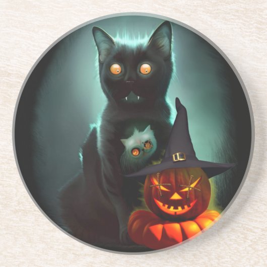 Vampire Cat and Wizard Pumpkin Halloween Surreal Getränkeuntersetzer (Vorne)