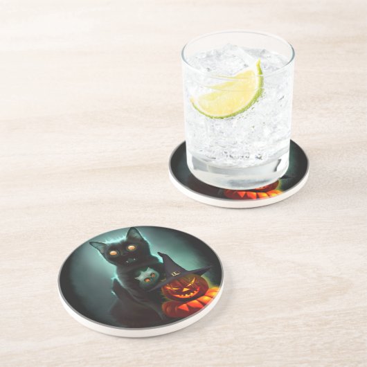 Vampire Cat and Wizard Pumpkin Halloween Surreal Getränkeuntersetzer (Seite)