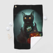 Vampire Cat and Wizard Pumpkin Halloween Surreal Golfhandtuch (Insitu)