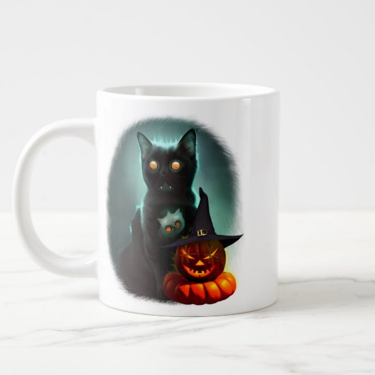Vampire Cat and Wizard Pumpkin Halloween Surreal Jumbo-Tasse (Links)