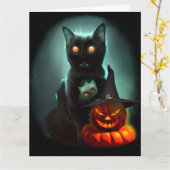 Vampire Cat and Wizard Pumpkin Halloween Surreal Karte (Gelbe Blume)