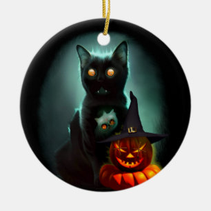 Vampire Cat and Wizard Pumpkin Halloween Surreal Keramik Ornament