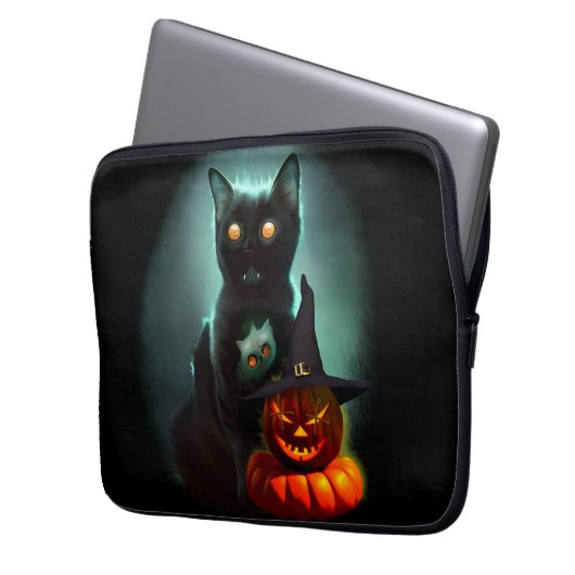 Vampire Cat and Wizard Pumpkin Halloween Surreal Laptopschutzhülle (Vorderseite Links)