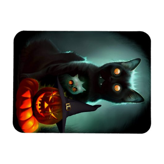 Vampire Cat and Wizard Pumpkin Halloween Surreal Magnet (Horizontal)