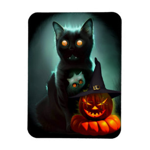 Vampire Cat and Wizard Pumpkin Halloween Surreal Magnet