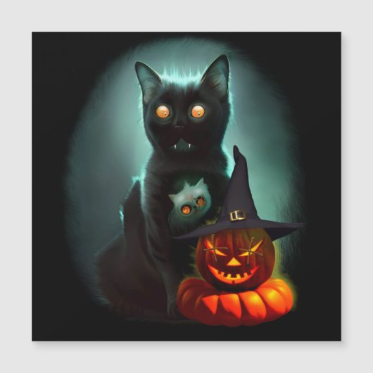 Vampire Cat and Wizard Pumpkin Halloween Surreal Magnetkarte (Vorderseite)