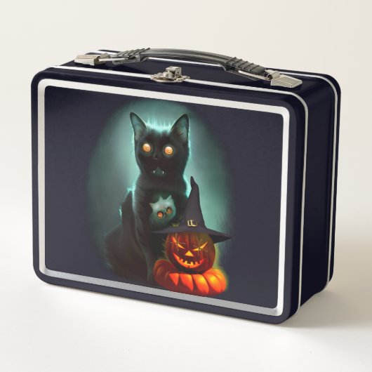 Vampire Cat and Wizard Pumpkin Halloween Surreal Metall Brotdose (Vorderseite)