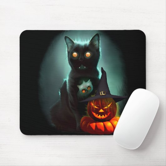 Vampire Cat and Wizard Pumpkin Halloween Surreal Mousepad (Mit Mouse)