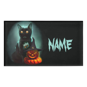 Vampire Cat and Wizard Pumpkin Halloween Surreal Namenschild