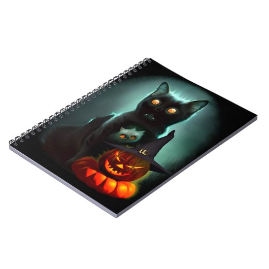 Vampire Cat and Wizard Pumpkin Halloween Surreal Notizblock (Linke Seite)